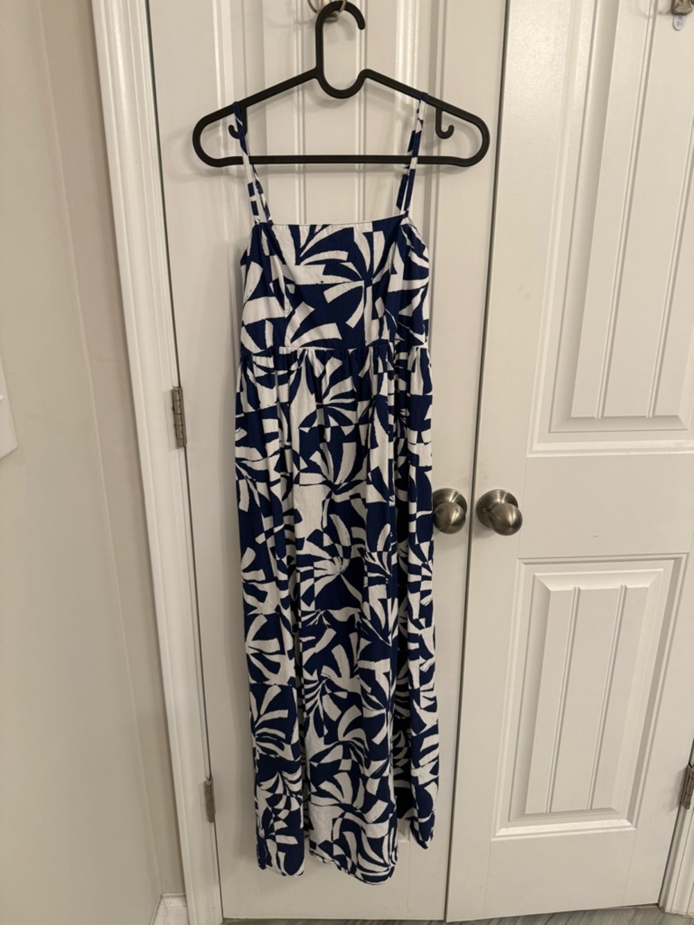 Navy and White Leaf-Print Maxi Sundress